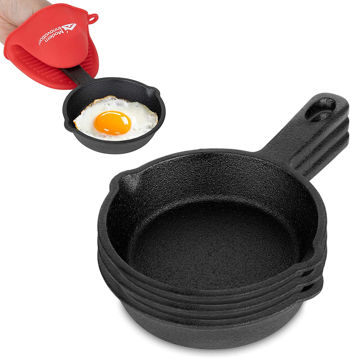Kuha Mini Cast Iron Skillets 4” - 2-Pack of Pre-Seasoned Miniature Skillets - with 2 Small Silicone Trivets and Cast Iron Scraper