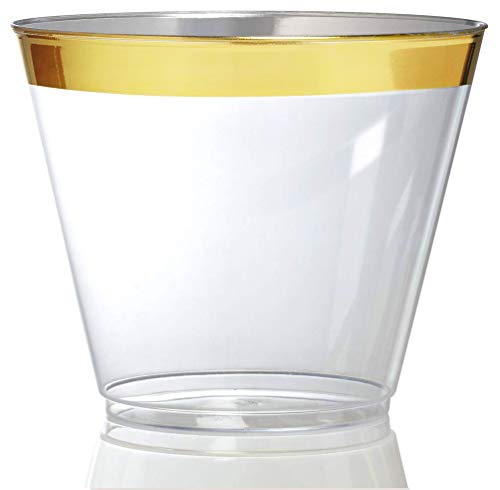 Gold Rim Tumblers (100 Pack) - Classy Plastic Cups - Disposable Wine Glasses - Elegant Gold Party Cups - BPA Free Plastic Wine Glasses for Parties Disposable - 9 Ounce Party Cups - Stock Your Home