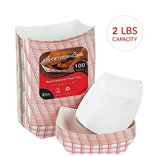 Medium Paper Food Boats (100 Pack) 2 Lb Disposable Red & White Checkered Paper Food Trays, Eco Friendly Paper Food Trays, Serving Boats for Concession Food & Condiments, Paper Nacho Trays 4.5