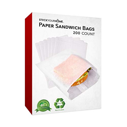 Paper Sandwich Bags Bulk Wax Paper (200 Pack) 7 x 6 x 1 Wet Wax Paper Bags - Food Grade Grease Resistant Wax Bags - White Glassine Bags - Paper Bags for Bakery Cookies, Candy, Snacks, French Fries