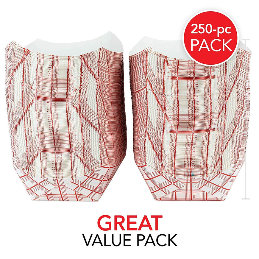 Large Paper Food Boats (250 Pack) 3 Lb Disposable Red & White Checkered Paper Food Trays, Eco Friendly Paper Food Trays, Serving Boats for Concession Food & Condiments, Paper Nacho Trays 5.75