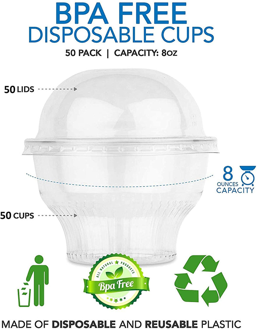 Clear Plastic Dessert Cups with Lids 8 oz (Set of 50) Small Disposable Parfait Cup, Dome Lid - No Hole, 8-Ounce Party Fruit Containers, Banana Pudding Bowl, Jello, Ice Cream, Desserts Container