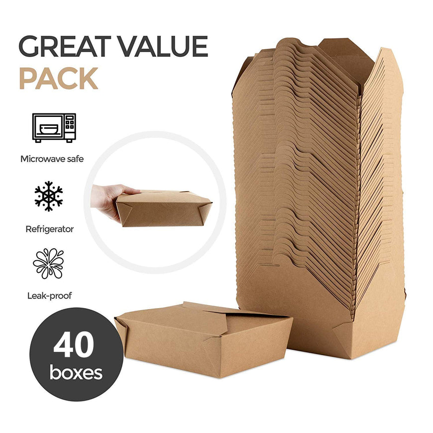 Microwaveable Kraft Brown Take Out Boxes 71 oz (40 Pack) Leak and Grease Resistant Food Containers - Recyclable Lunch Box - to Go Containers for Restaurants, Catering and Parties