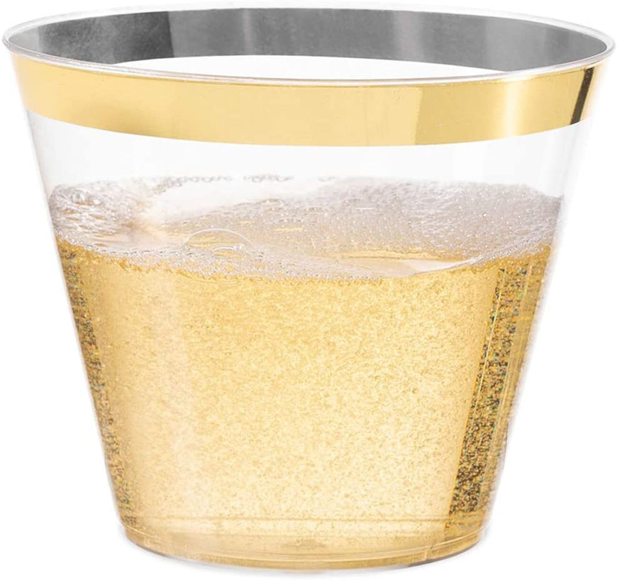 Gold Rim Tumblers (100 Pack) - Classy Plastic Cups - Disposable Wine Glasses - Elegant Gold Party Cups - BPA Free Plastic Wine Glasses for Parties Disposable - 9 Ounce Party Cups - Stock Your Home