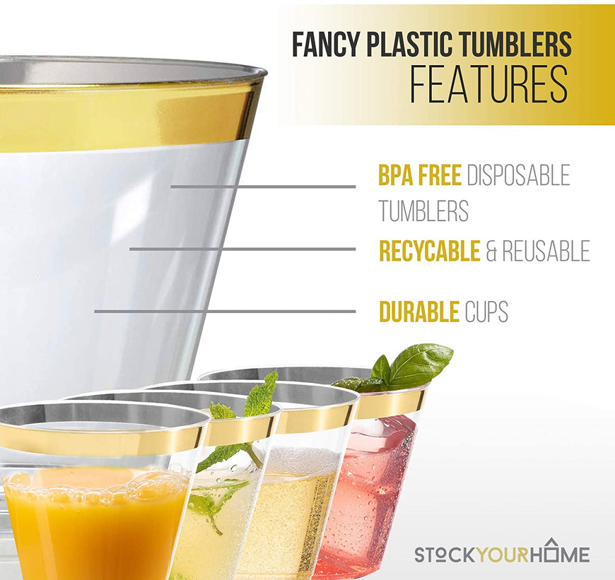 Gold Rim Tumblers (100 Pack) - Classy Plastic Cups - Disposable Wine Glasses - Elegant Gold Party Cups - BPA Free Plastic Wine Glasses for Parties Disposable - 9 Ounce Party Cups - Stock Your Home