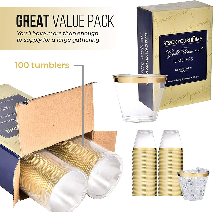 Gold Rim Tumblers (100 Pack) - Classy Plastic Cups - Disposable Wine Glasses - Elegant Gold Party Cups - BPA Free Plastic Wine Glasses for Parties Disposable - 9 Ounce Party Cups - Stock Your Home