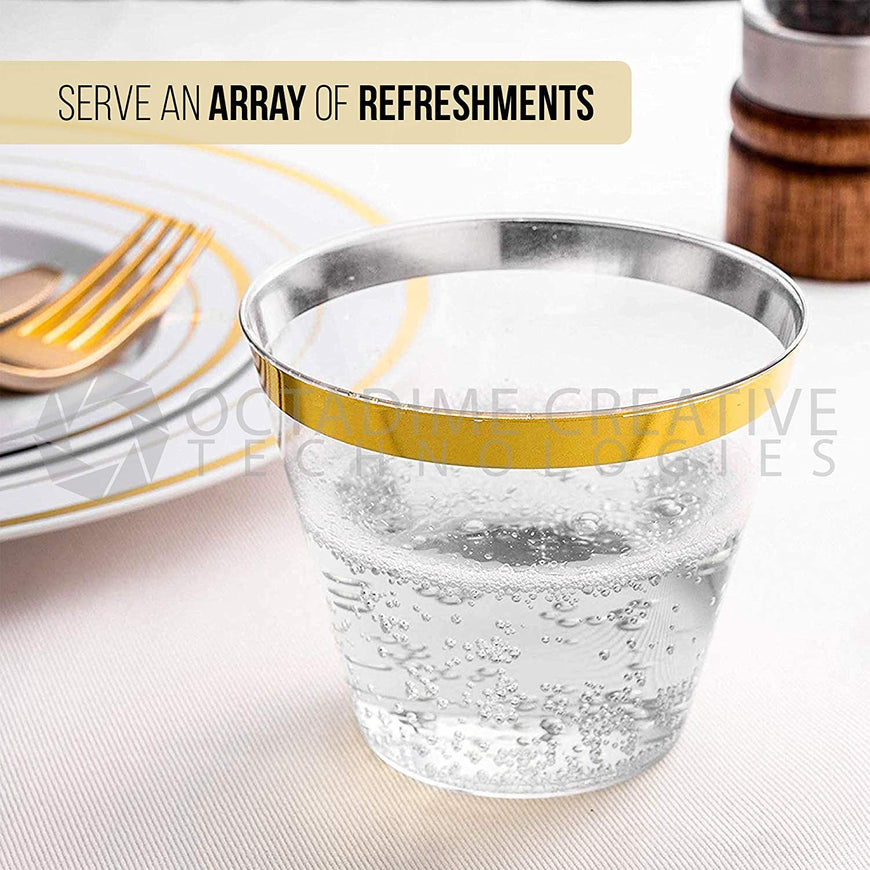 Gold Rim Tumblers (100 Pack) - Classy Plastic Cups - Disposable Wine Glasses - Elegant Gold Party Cups - BPA Free Plastic Wine Glasses for Parties Disposable - 9 Ounce Party Cups - Stock Your Home