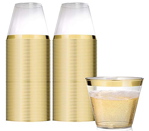 Gold Rim Tumblers (100 Pack) - Classy Plastic Cups - Disposable Wine Glasses - Elegant Gold Party Cups - BPA Free Plastic Wine Glasses for Parties Disposable - 9 Ounce Party Cups - Stock Your Home