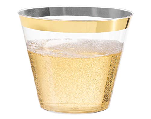 Gold Rim Tumblers (100 Pack) - Classy Plastic Cups - Disposable Wine Glasses - Elegant Gold Party Cups - BPA Free Plastic Wine Glasses for Parties Disposable - 9 Ounce Party Cups - Stock Your Home