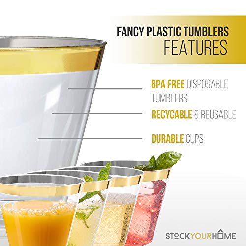 Gold Rim Tumblers (100 Pack) - Classy Plastic Cups - Disposable Wine Glasses - Elegant Gold Party Cups - BPA Free Plastic Wine Glasses for Parties Disposable - 9 Ounce Party Cups - Stock Your Home