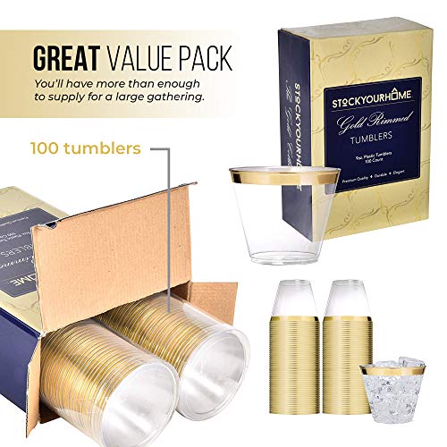 Gold Rim Tumblers (100 Pack) - Classy Plastic Cups - Disposable Wine Glasses - Elegant Gold Party Cups - BPA Free Plastic Wine Glasses for Parties Disposable - 9 Ounce Party Cups - Stock Your Home