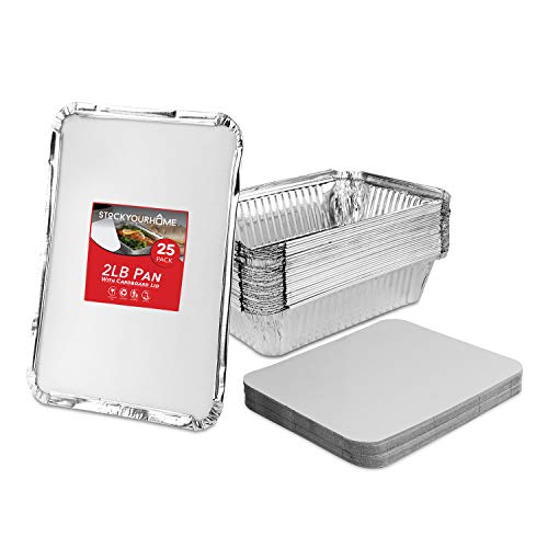 Stock Your Home 2 Lb Aluminum Pans with Lids (25 Pack) - Food Containers with Cardboard Lids - Disposable & Recyclable Takeout Trays with Lids - to Go Containers for Restaurants, Catering, Delis