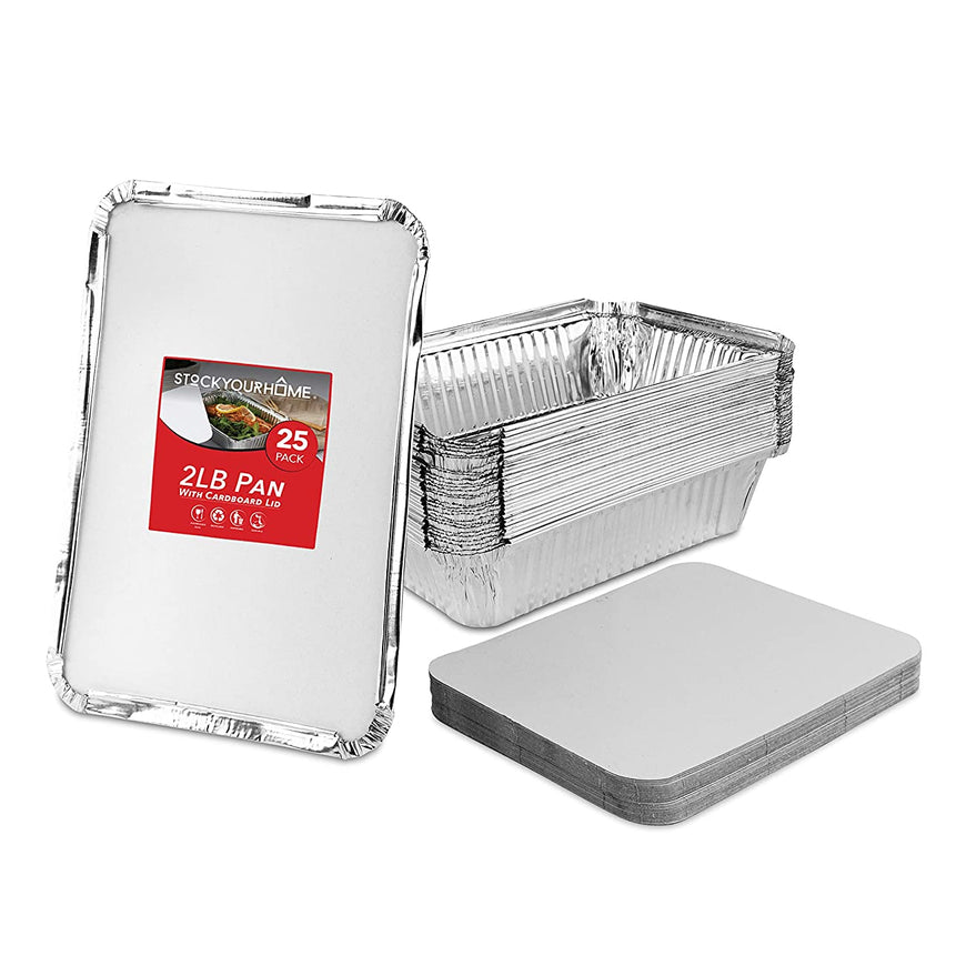 Stock Your Home 2 Lb Aluminum Pans with Lids (25 Pack) - Food Containers with Cardboard Lids - Disposable & Recyclable Takeout Trays with Lids - to Go Containers for Restaurants, Catering, Delis