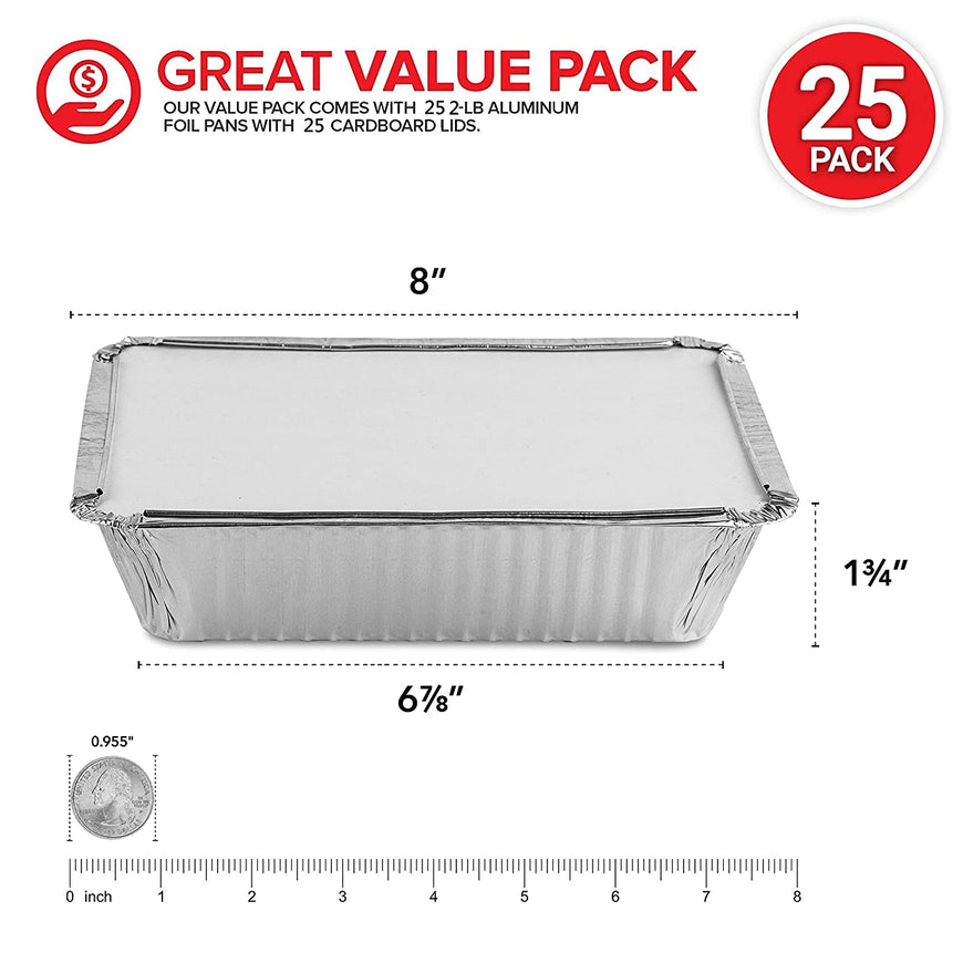 Stock Your Home 2 Lb Aluminum Pans with Lids (25 Pack) - Food Containers with Cardboard Lids - Disposable & Recyclable Takeout Trays with Lids - to Go Containers for Restaurants, Catering, Delis