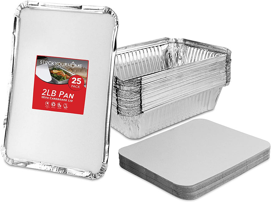 Stock Your Home 2 Lb Aluminum Pans with Lids (25 Pack) - Food Containers with Cardboard Lids - Disposable & Recyclable Takeout Trays with Lids - to Go Containers for Restaurants, Catering, Delis
