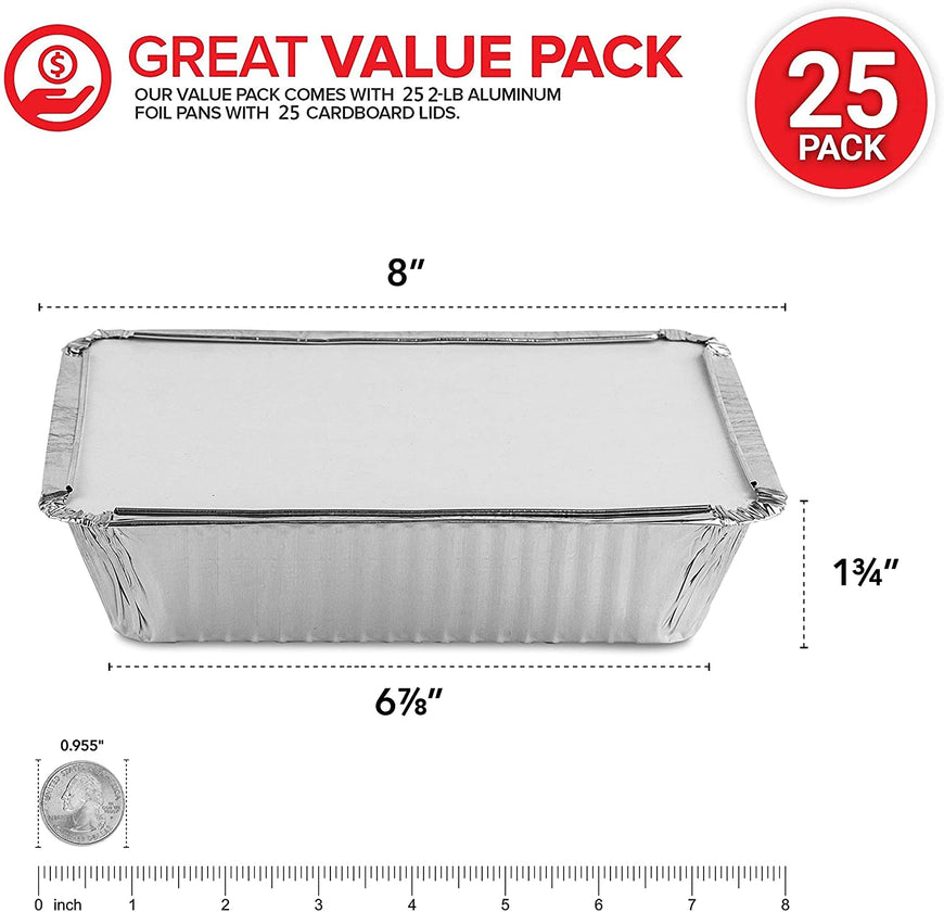 Stock Your Home 2 Lb Aluminum Pans with Lids (25 Pack) - Food Containers with Cardboard Lids - Disposable & Recyclable Takeout Trays with Lids - to Go Containers for Restaurants, Catering, Delis