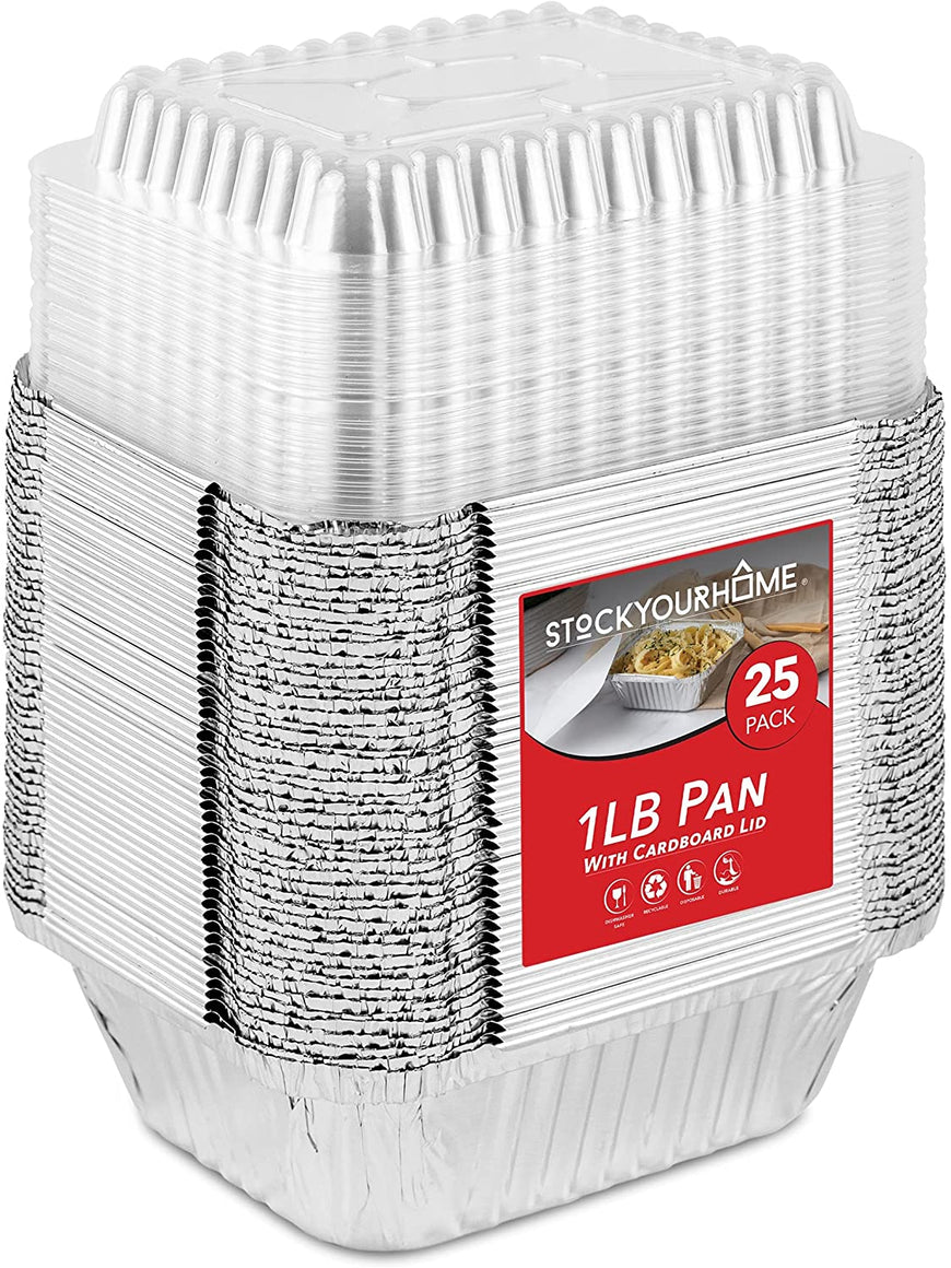 Stock Your Home 1 Lb Aluminum Disposable Cookware with Lids (25 Pack) - Foil Pans Plastic Lids - Disposable & Recyclable Takeout Trays with Lids - Food Containers for Restaurants, Catering, Delis