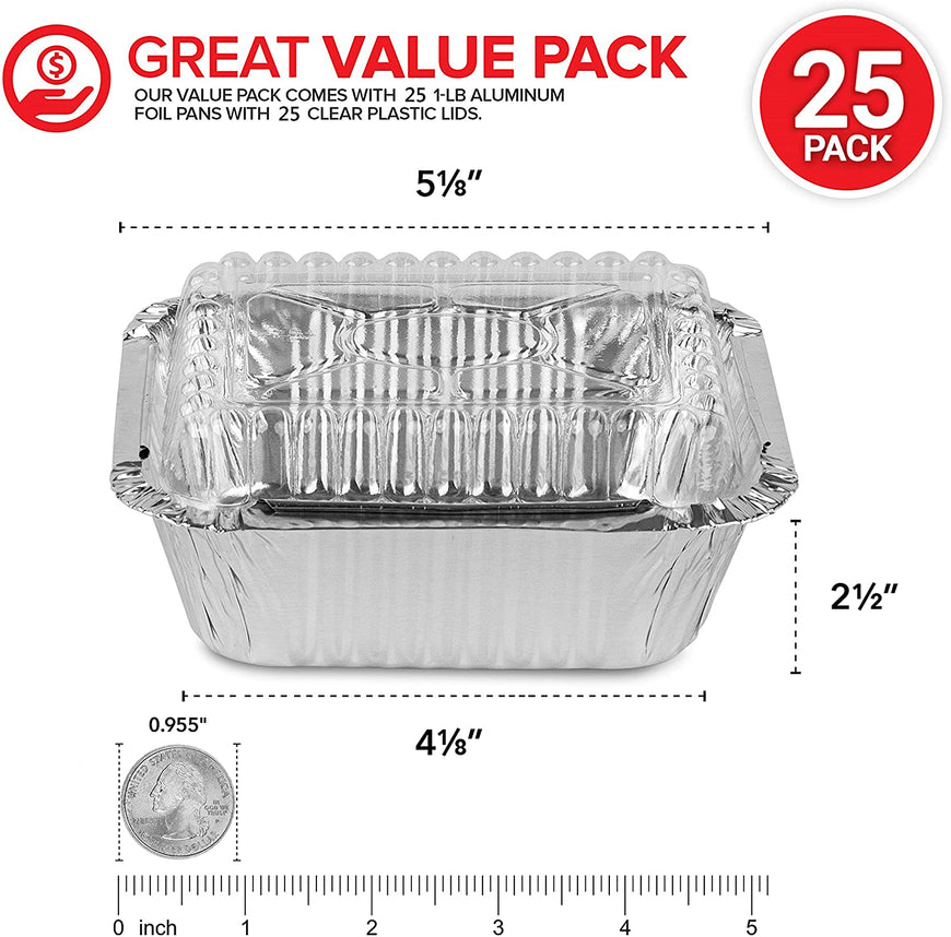 Stock Your Home 1 Lb Aluminum Disposable Cookware with Lids (25 Pack) - Foil Pans Plastic Lids - Disposable & Recyclable Takeout Trays with Lids - Food Containers for Restaurants, Catering, Delis
