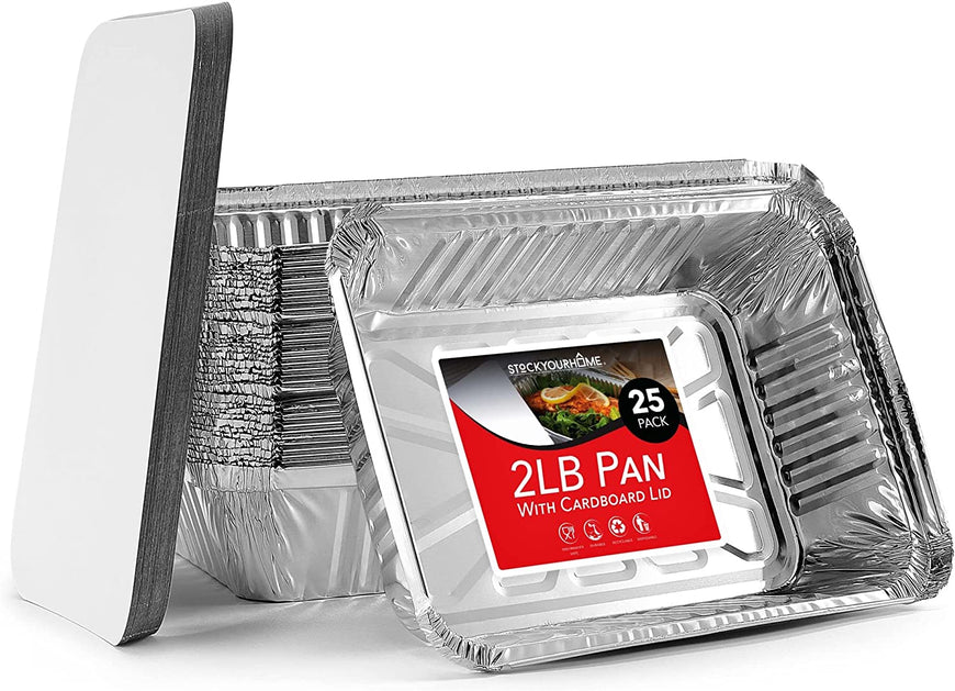 Stock Your Home 2 Lb Aluminum Pans with Lids (25 Pack) - Food Containers with Cardboard Lids - Disposable & Recyclable Takeout Trays with Lids - to Go Containers for Restaurants, Catering, Delis