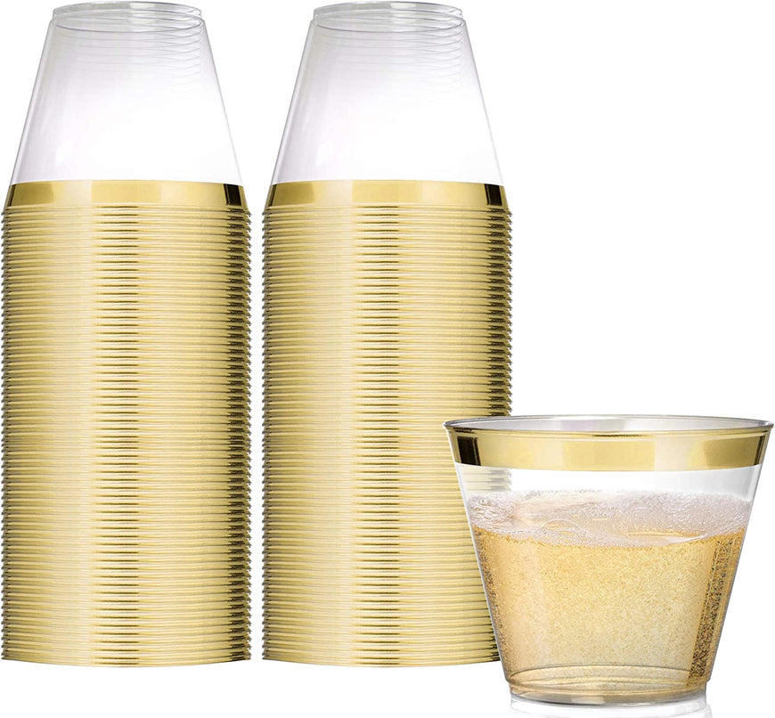 Gold Rim Tumblers (100 Pack) - Classy Plastic Cups - Disposable Wine Glasses - Elegant Gold Party Cups - BPA Free Plastic Wine Glasses for Parties Disposable - 9 Ounce Party Cups - Stock Your Home