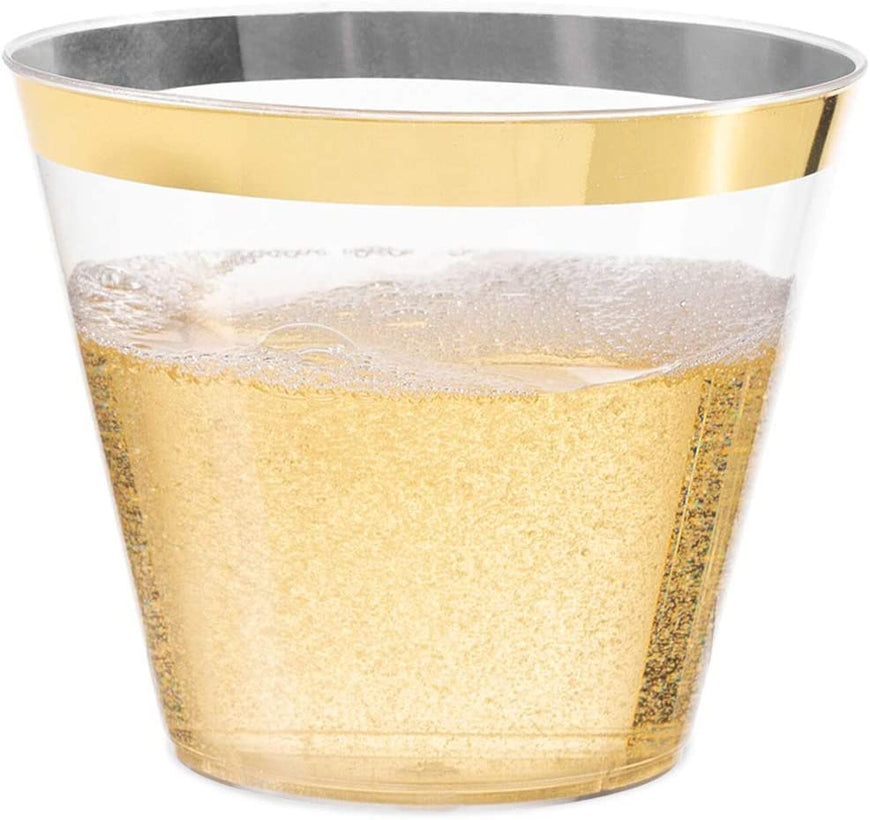 Gold Rim Tumblers (100 Pack) - Classy Plastic Cups - Disposable Wine Glasses - Elegant Gold Party Cups - BPA Free Plastic Wine Glasses for Parties Disposable - 9 Ounce Party Cups - Stock Your Home