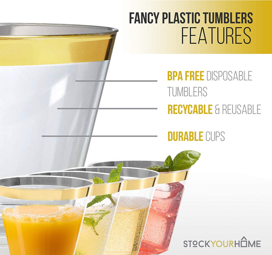 Gold Rim Tumblers (100 Pack) - Classy Plastic Cups - Disposable Wine Glasses - Elegant Gold Party Cups - BPA Free Plastic Wine Glasses for Parties Disposable - 9 Ounce Party Cups - Stock Your Home