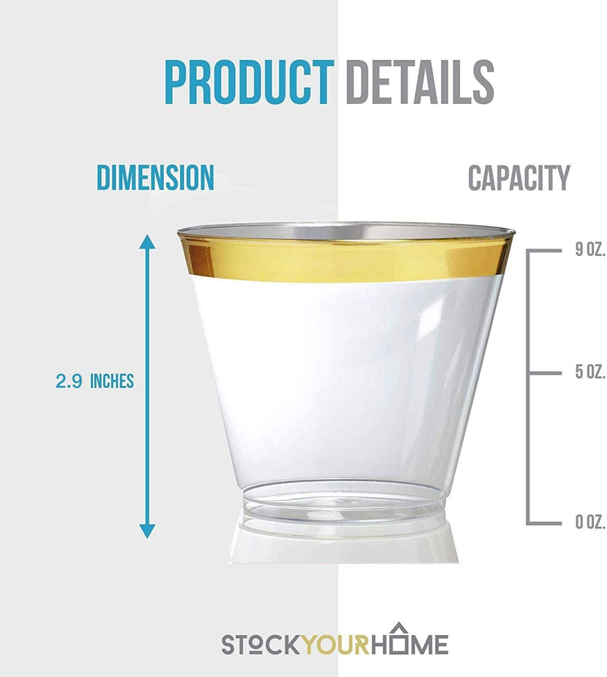 Gold Rim Tumblers (100 Pack) - Classy Plastic Cups - Disposable Wine Glasses - Elegant Gold Party Cups - BPA Free Plastic Wine Glasses for Parties Disposable - 9 Ounce Party Cups - Stock Your Home
