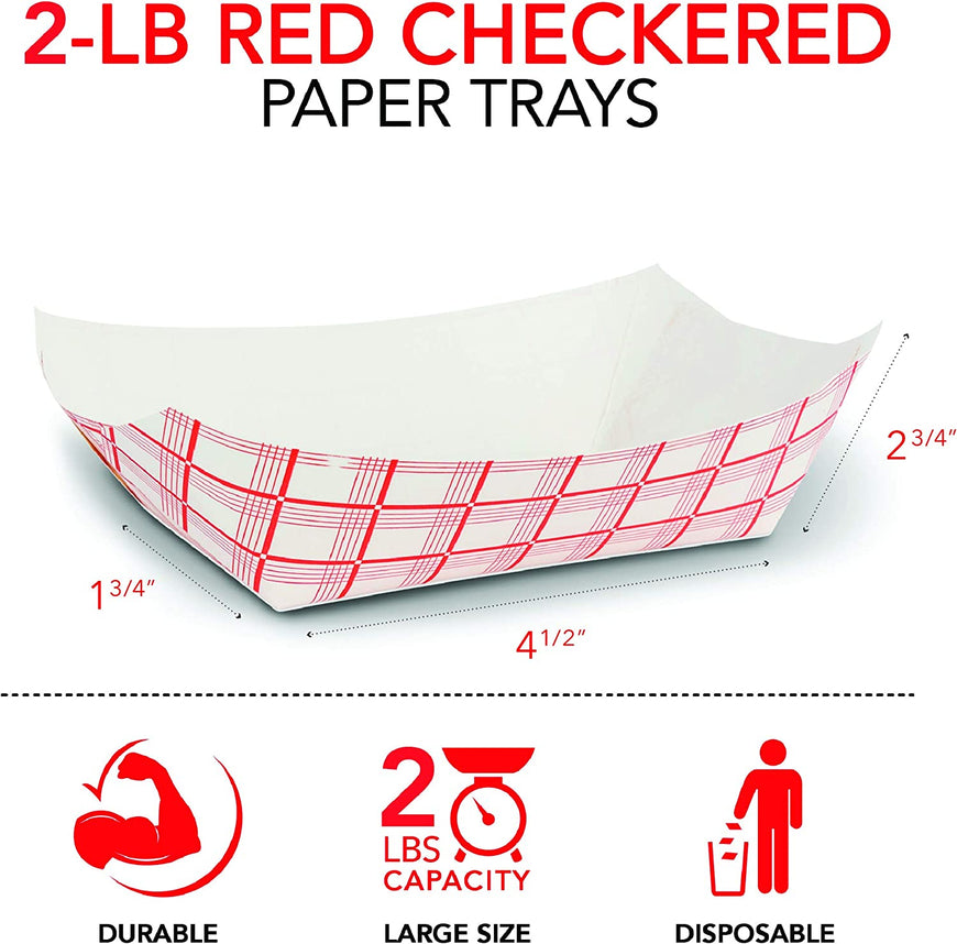 Medium Paper Food Boats (100 Pack) 2 Lb Disposable Red & White Checkered Paper Food Trays, Eco Friendly Paper Food Trays, Serving Boats for Concession Food & Condiments, Paper Nacho Trays 4.5