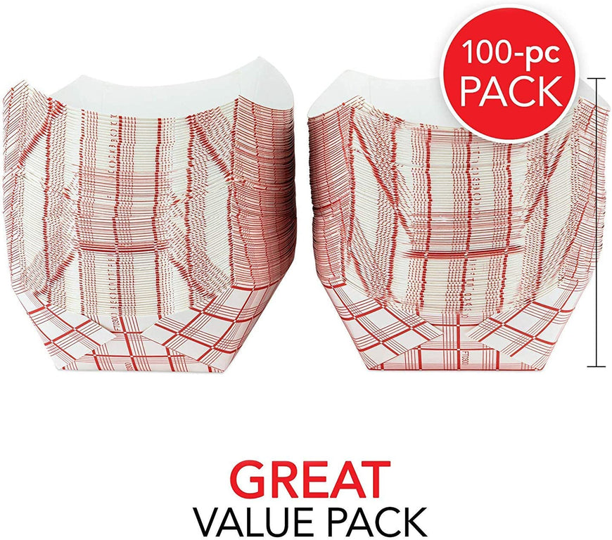 Medium Paper Food Boats (100 Pack) 2 Lb Disposable Red & White Checkered Paper Food Trays, Eco Friendly Paper Food Trays, Serving Boats for Concession Food & Condiments, Paper Nacho Trays 4.5