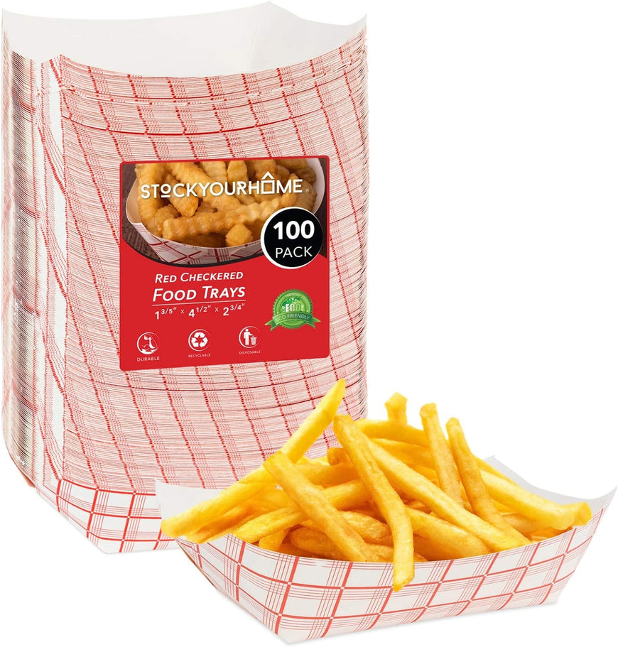 Medium Paper Food Boats (100 Pack) 2 Lb Disposable Red & White Checkered Paper Food Trays, Eco Friendly Paper Food Trays, Serving Boats for Concession Food & Condiments, Paper Nacho Trays 4.5