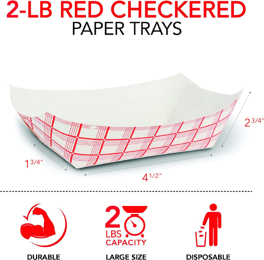 Medium Paper Food Boats (100 Pack) 2 Lb Disposable Red & White Checkered Paper Food Trays, Eco Friendly Paper Food Trays, Serving Boats for Concession Food & Condiments, Paper Nacho Trays 4.5