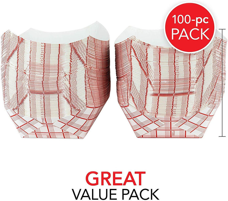 Medium Paper Food Boats (100 Pack) 2 Lb Disposable Red & White Checkered Paper Food Trays, Eco Friendly Paper Food Trays, Serving Boats for Concession Food & Condiments, Paper Nacho Trays 4.5