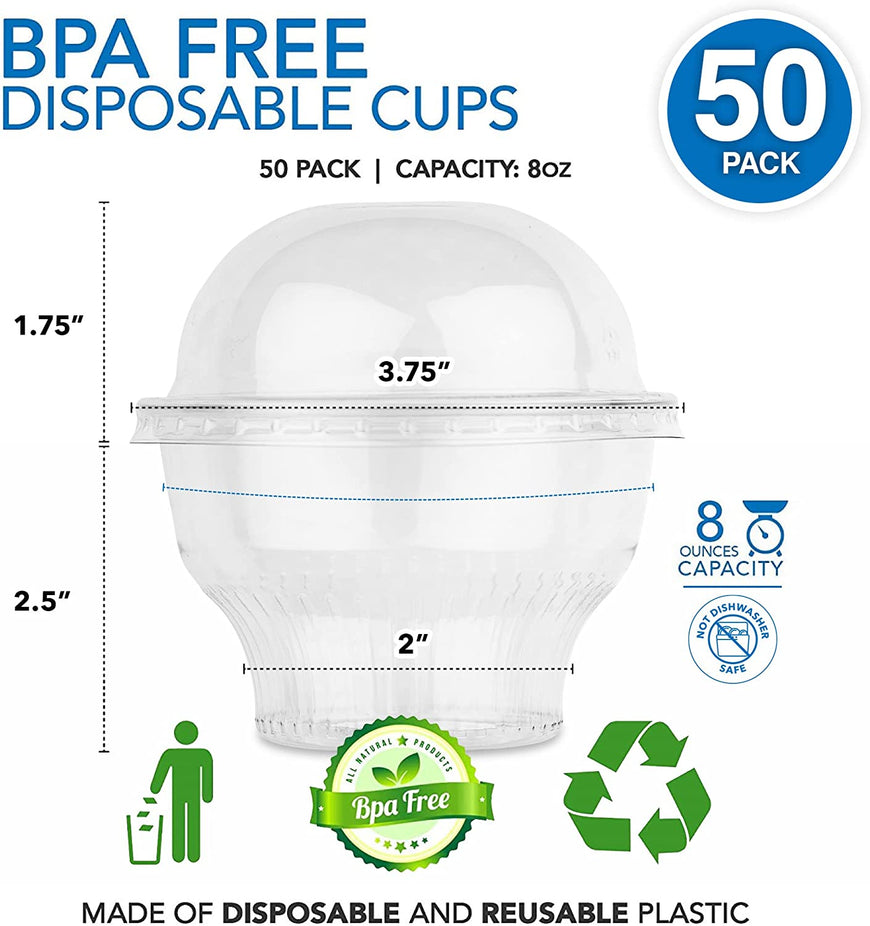 Clear Plastic Dessert Cups with Lids 8 oz (Set of 50) Small Disposable Parfait Cup, Dome Lid - No Hole, 8-Ounce Party Fruit Containers, Banana Pudding Bowl, Jello, Ice Cream, Desserts Container