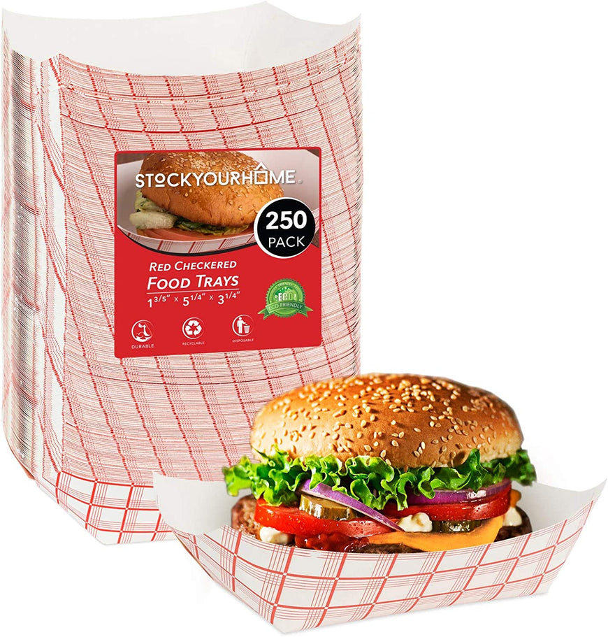 Large Paper Food Boats (250 Pack) 3 Lb Disposable Red & White Checkered Paper Food Trays, Eco Friendly Paper Food Trays, Serving Boats for Concession Food & Condiments, Paper Nacho Trays 5.75