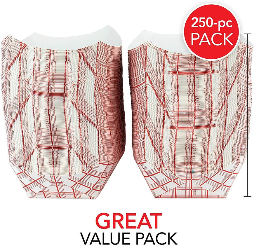 Large Paper Food Boats (250 Pack) 3 Lb Disposable Red & White Checkered Paper Food Trays, Eco Friendly Paper Food Trays, Serving Boats for Concession Food & Condiments, Paper Nacho Trays 5.75