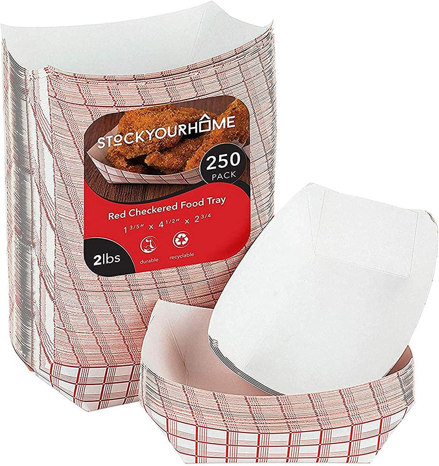 Medium Paper Food Boats (250 Pack) 2 Lb Disposable Red & White Checkered Paper Food Trays, Eco Friendly Paper Food Trays, Serving Boats for Concession Food & Condiments, Paper Nacho Trays 4.5