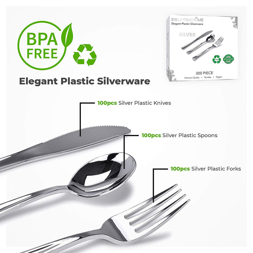 Stock Your Home 300 Piece Plastic Silverware Set Includes: 100 Forks, 100 Knives, 100 Spoons