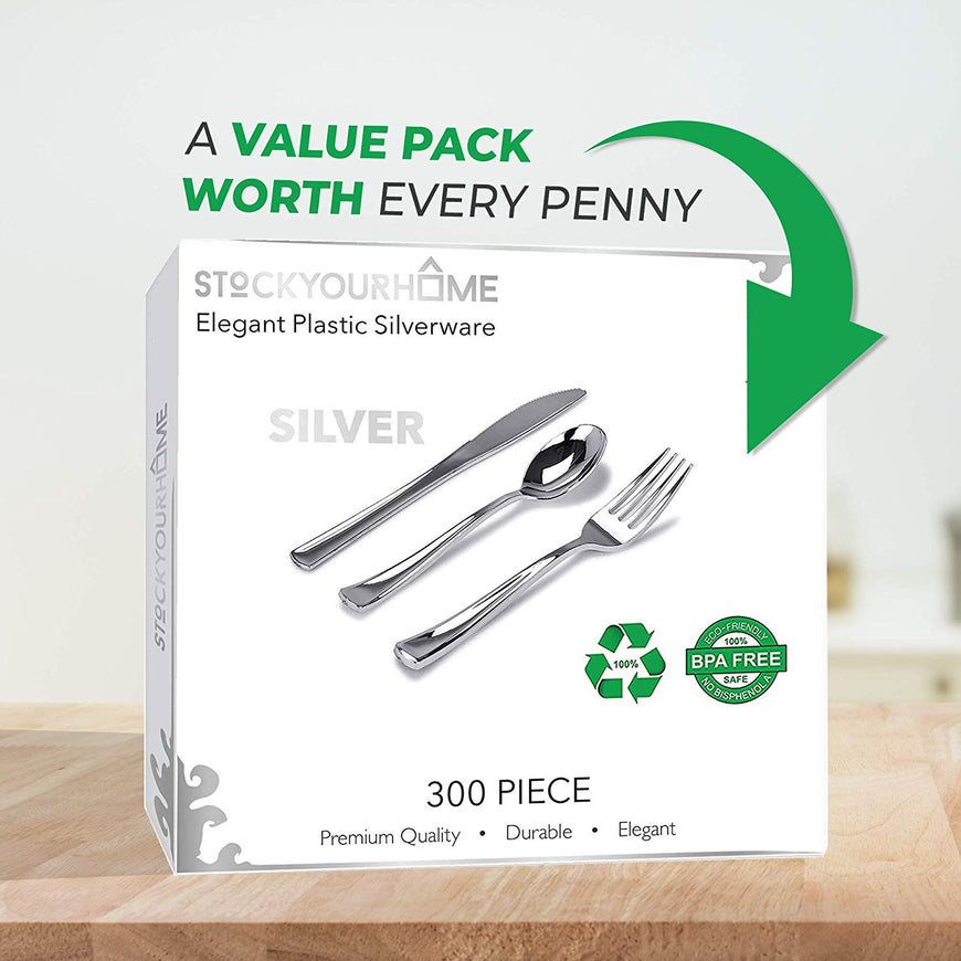 Stock Your Home 300 Piece Plastic Silverware Set Includes: 100 Forks, 100 Knives, 100 Spoons