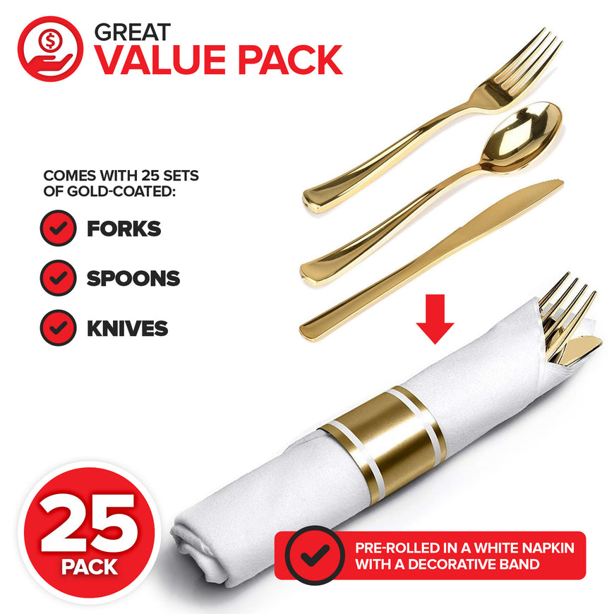 Pre Rolled Napkin and Disposable Cutlery Set, 25 Pack, Gold