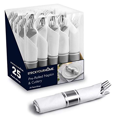 Pre-Rolled Dinner Napkins and Cutlery, 25 Pack, Silver