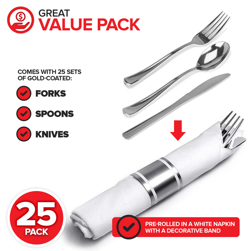 Pre-Rolled Dinner Napkins and Cutlery, 25 Pack, Silver