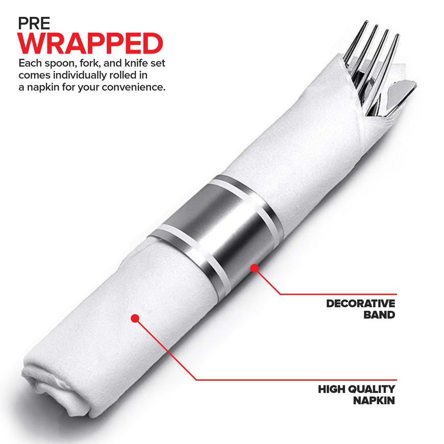 Pre-Rolled Dinner Napkins and Cutlery, 25 Pack, Silver