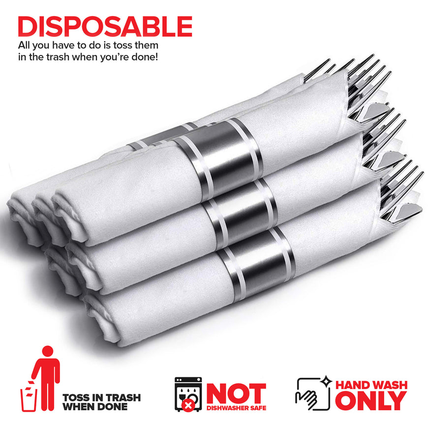 Pre-Rolled Dinner Napkins and Cutlery, 25 Pack, Silver