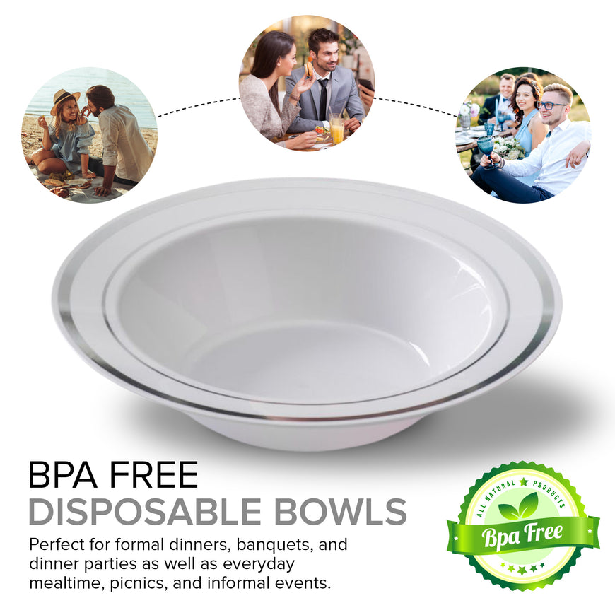 Stock Your Home 12 Oz Fancy Disposable Dinner Bowls for Holidays, Parties, Weddings, Catering, 50 Bowls (Silver)