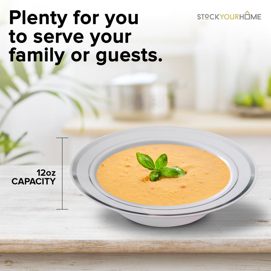 Stock Your Home 12 Oz Fancy Disposable Dinner Bowls for Holidays, Parties, Weddings, Catering, 50 Bowls (Silver)
