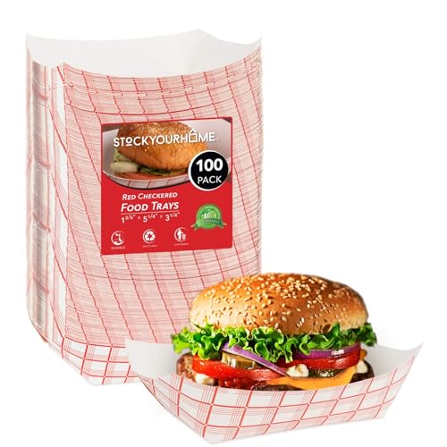 Large Paper Food Boats (100 Pack) 3 Lb Disposable Red & White Checkered Paper Food Trays, Eco Friendly Paper Food Trays, Serving Boats for Concession Food & Condiments, Paper Nacho Trays 5.75