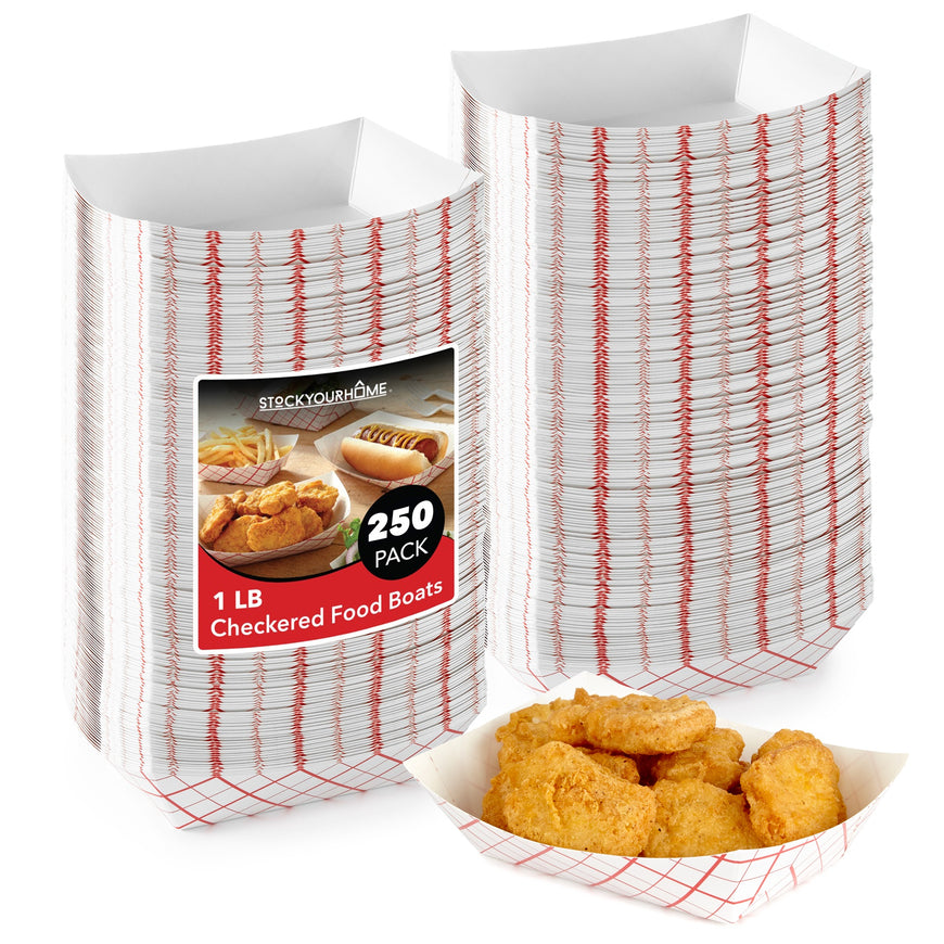 Small Paper Food Boats (250 Pack) 1 Lb Disposable Red & White Checkered Paper Food Trays, Eco Friendly Paper Food Trays, Serving Boats for Concession Food & Condiments, Paper Nacho Trays 4.25
