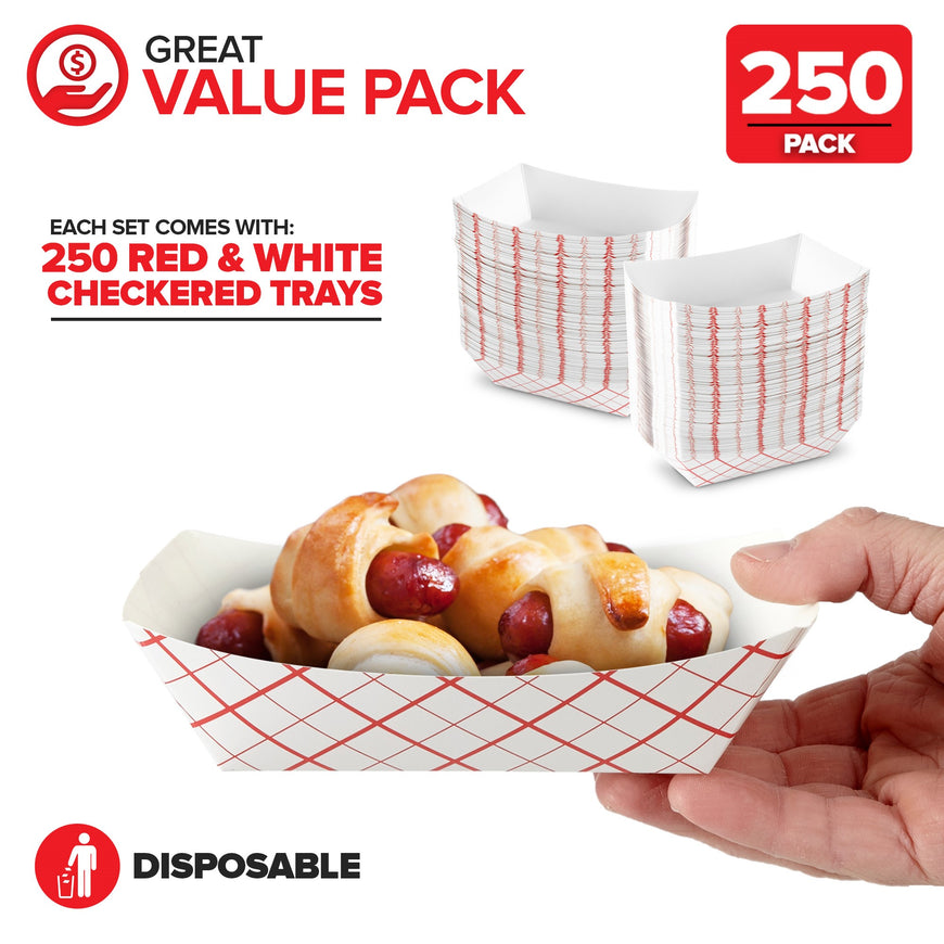 Small Paper Food Boats (250 Pack) 1 Lb Disposable Red & White Checkered Paper Food Trays, Eco Friendly Paper Food Trays, Serving Boats for Concession Food & Condiments, Paper Nacho Trays 4.25