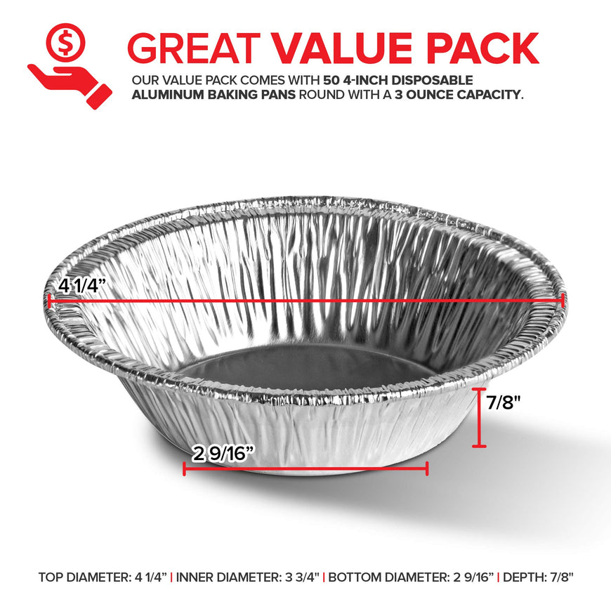 Stock Your Home 4 Inch Mini Aluminum Foil Pans (50 Count) â€“ Disposable Small Tins for Baking Tiny Treats, Fruit Tarts, Quiche, and Mince Pies