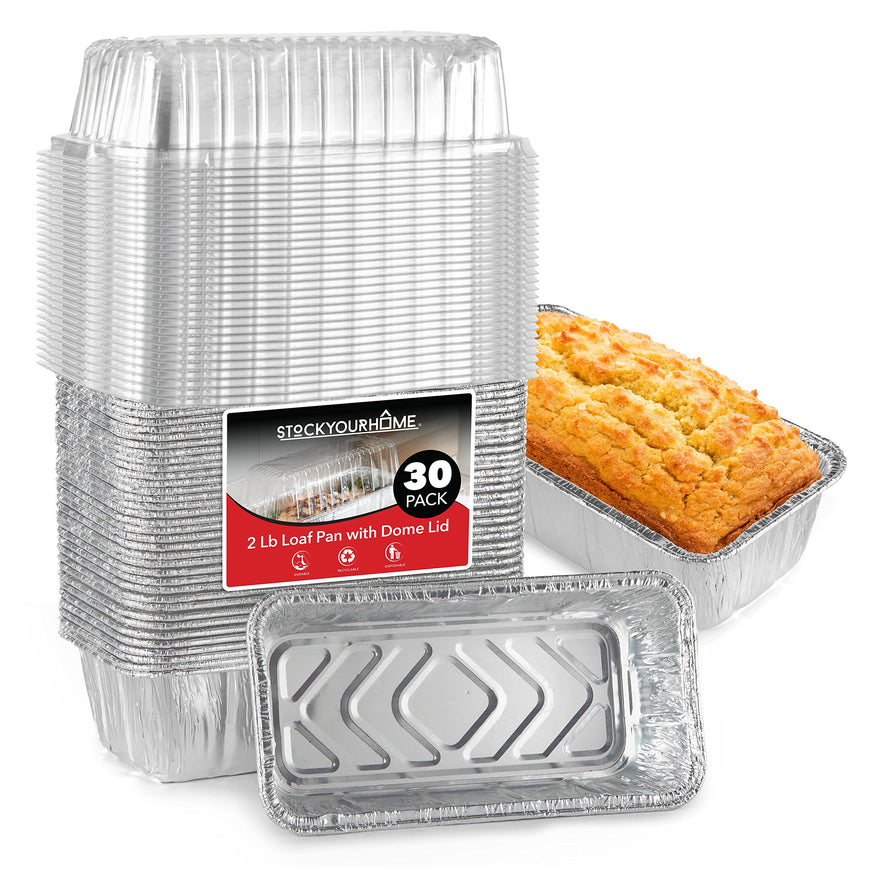 Stock Your Home Disposable Aluminum Loaf Pans with Lids, 2 Lb (30 Pack) Foil Baking Tins with Plastic Lid, Tin Pan with Cover for Cake, Banana Bread, Meatloaf, Mini Lasagna, Drip Trays